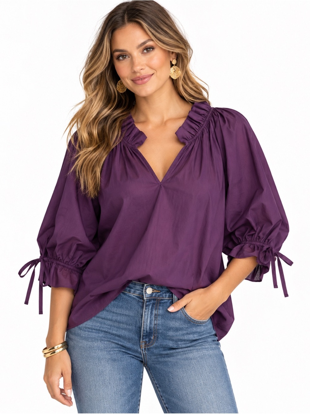 Ruffled V-Neck Puff Sleeve Blouse - Deep Purple One size
